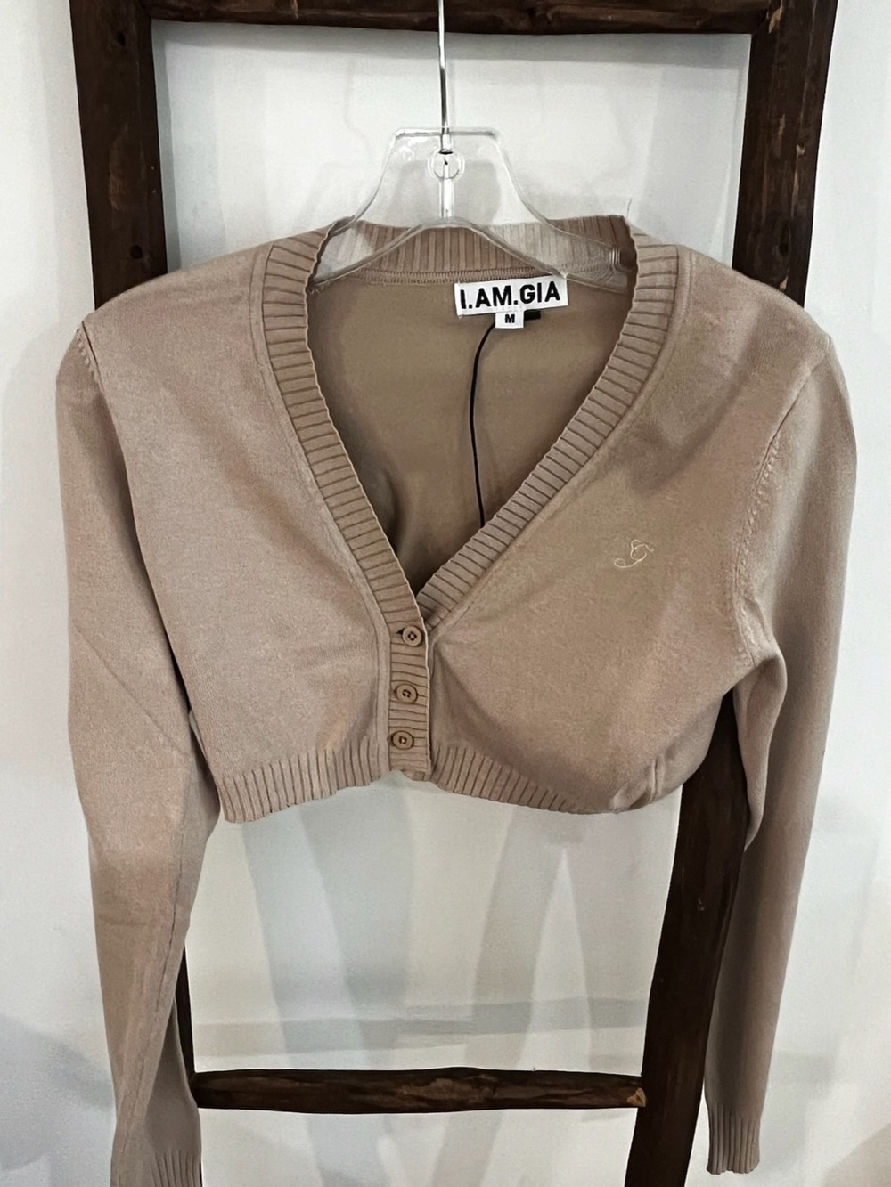 I.AM.GIA Cropped V-Neck Button Cardigan - Beige Taupe